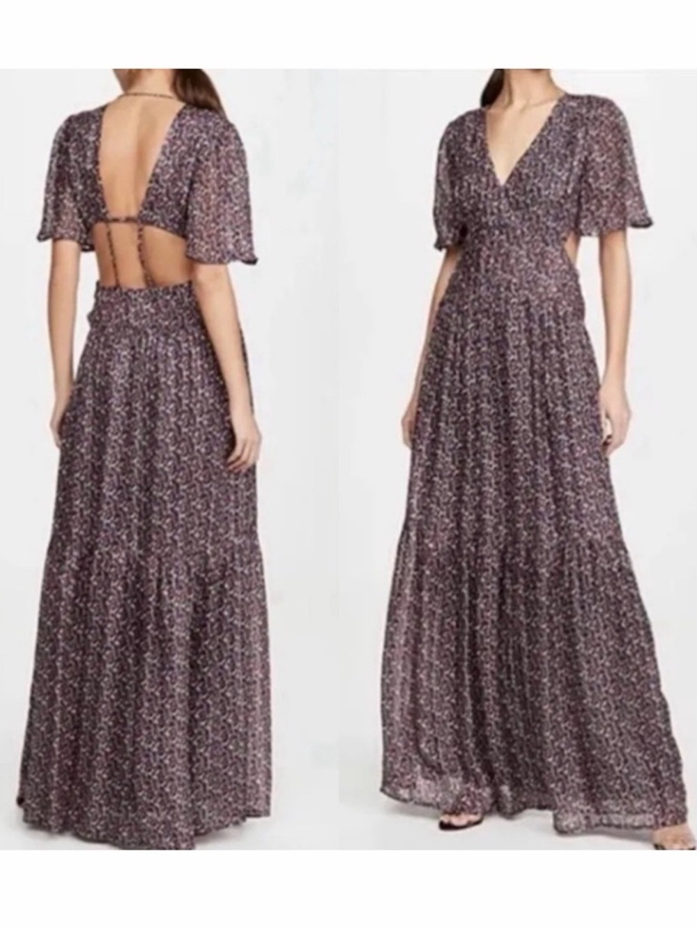 ba&sh Divine Silk Metallic Open Back Maxi Dress Black Pink S